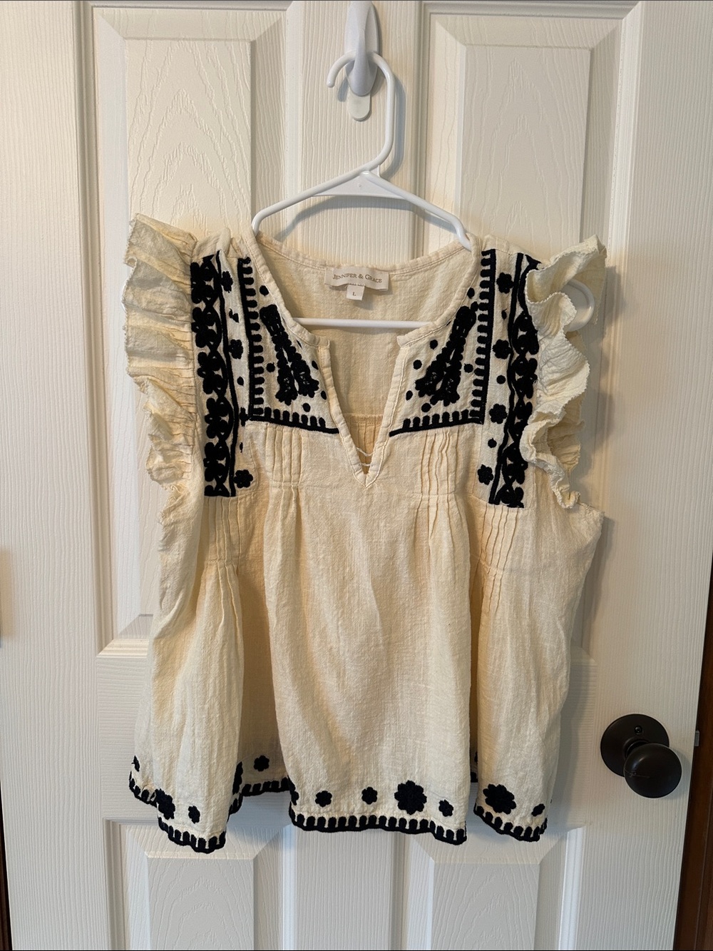 Sanctuary Cream Embroidered Ruffle Tank Top - Cream/Black
